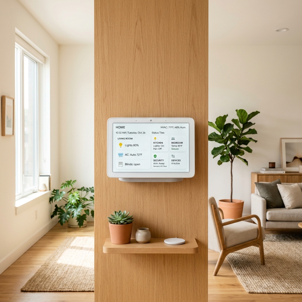 Aufgeräumtes Smart Home Dashboard auf wandmontiertem Tablet im hellen Wohnzimmer